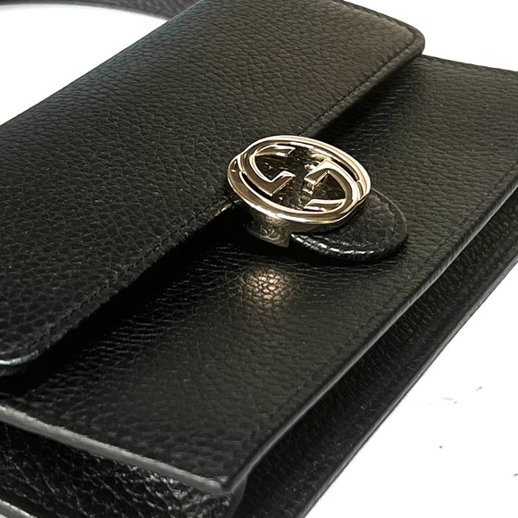 💛SOLD🖤 Black Gucci GG Interlocking Pebbled Leather Wallet On Chain - Picture 3 of 11
